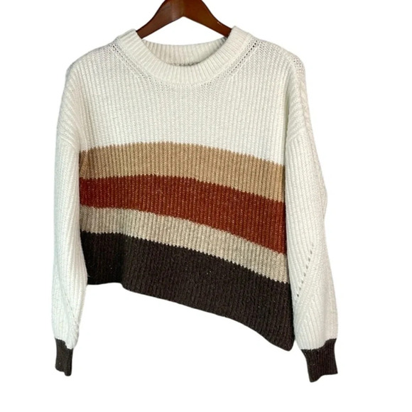 RACHEL ZOE Asymmetrical Knit Sweater Striped Earth Tones Long Sleeve Crewneck M - Picture 2 of 10